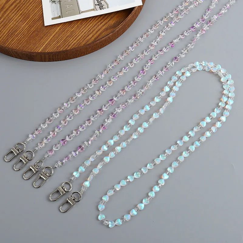 120CM Acrylic Coloful Hearts Bead Phone Chain Charm For iPhone Samsung Long Crossbody Lanyard Strap Accessories Key Bags Decor