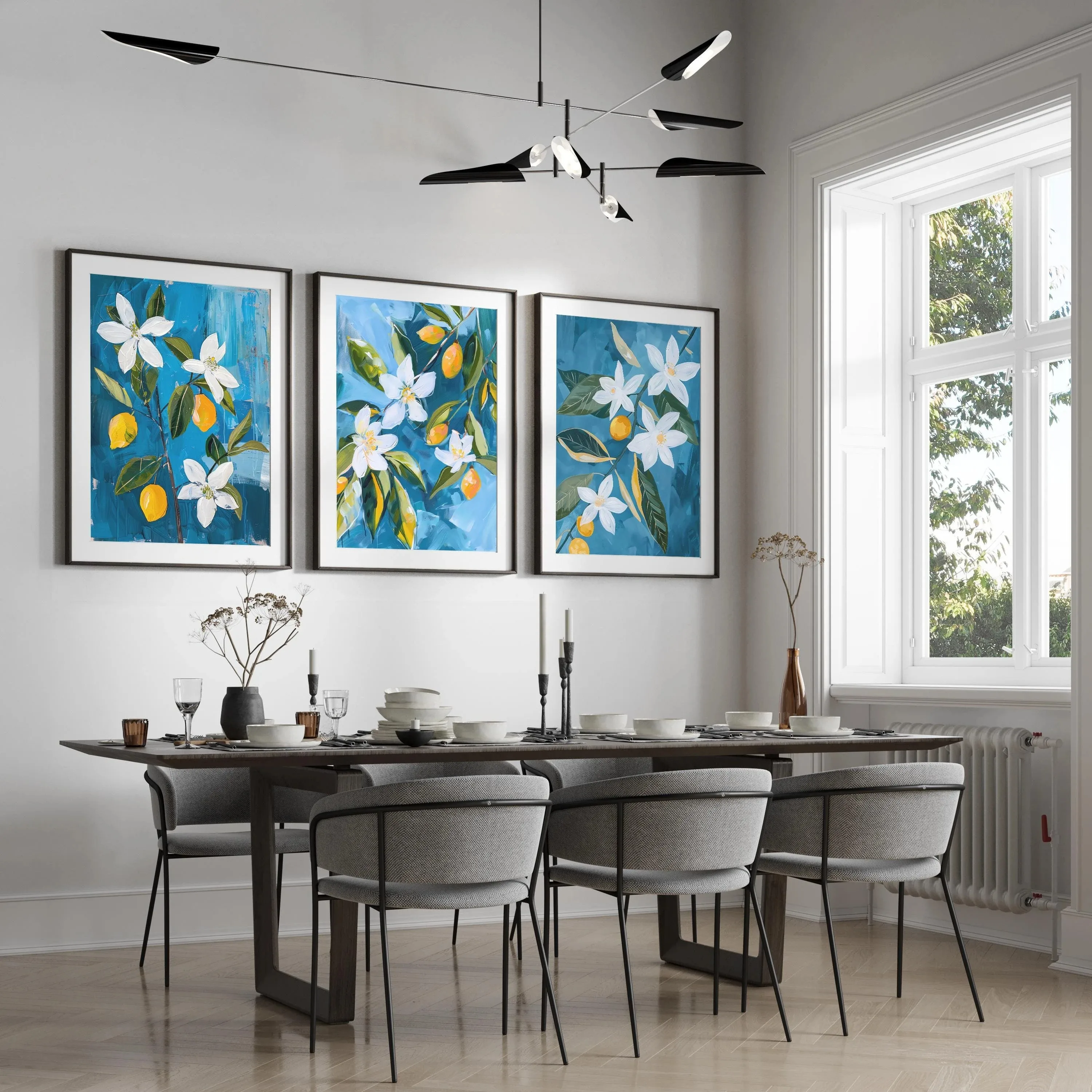 Modern Botanical Wall Art Set Blue Background Lemon Flower and Fruit Canvas Prints Abstract Citrus Blossom Posters Home Decor