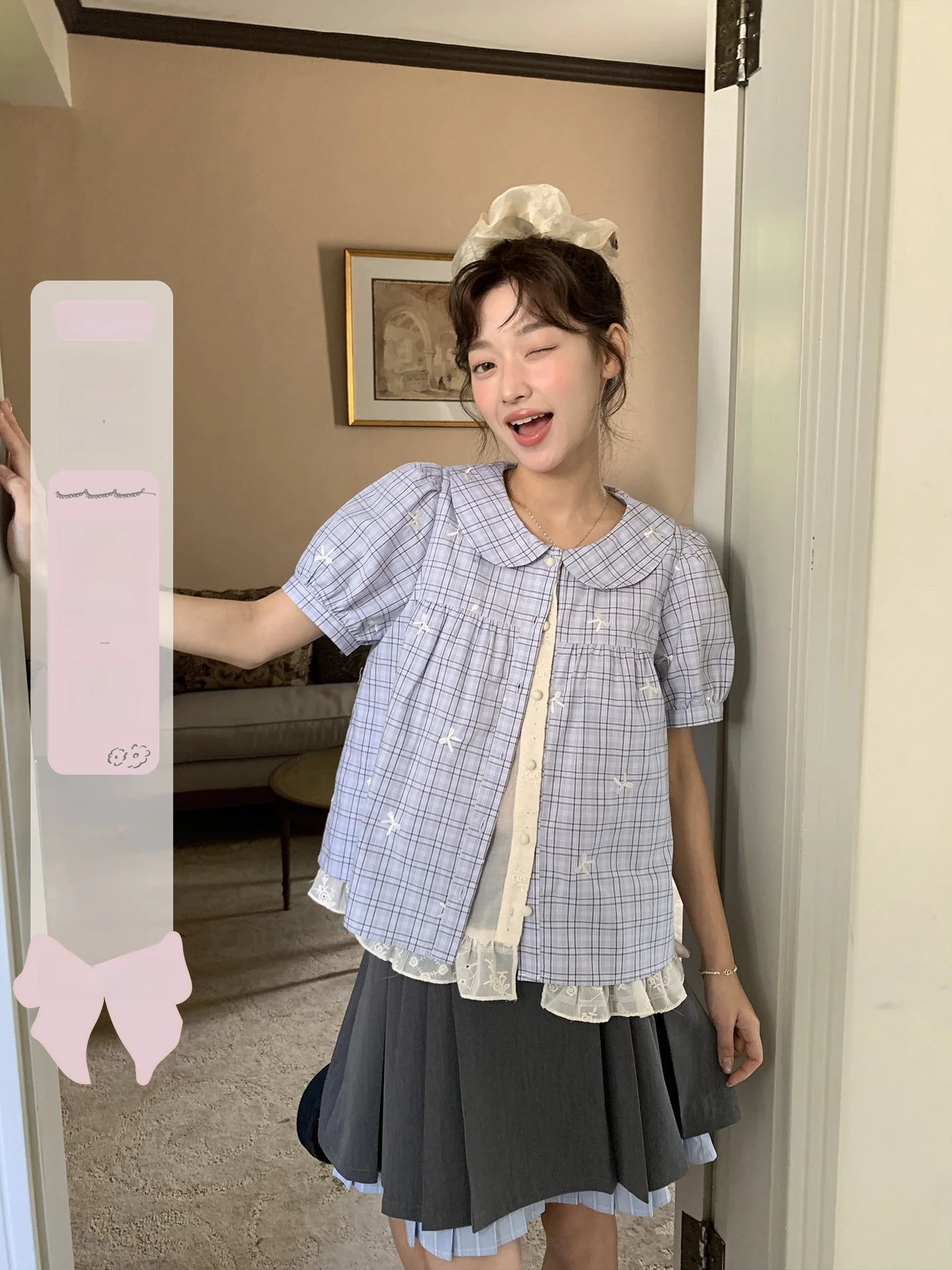 

Double Layer Embroidered Knot irt ort Sve Plaid Cotton Breathable Comfortable Women's Busin Casual irt