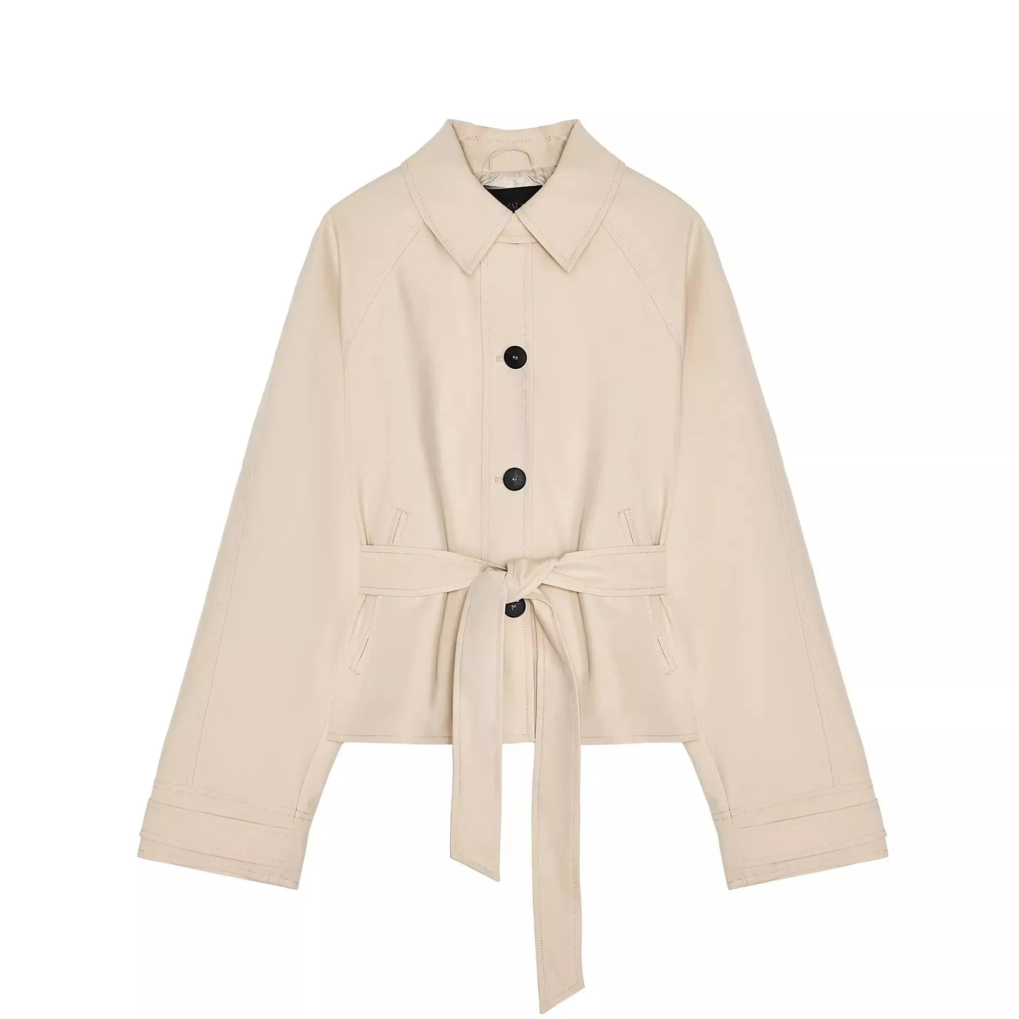 

2025 Summer New TRF Women's ort Coat with Belt Long Sve Turn-down Collar Windbreaker Commute Sle Loose Fit Other Material