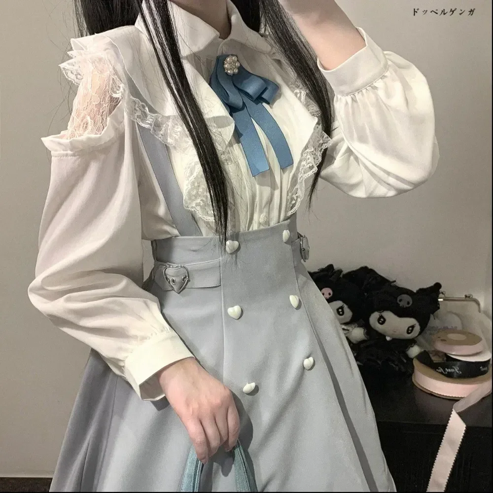 SOIOMES 【Love Song】Cinta de seda japonesa Kawaii, falda con tirantes azul sólido, falda acampanada con tirantes de medio cuerpo adelgazante de amor