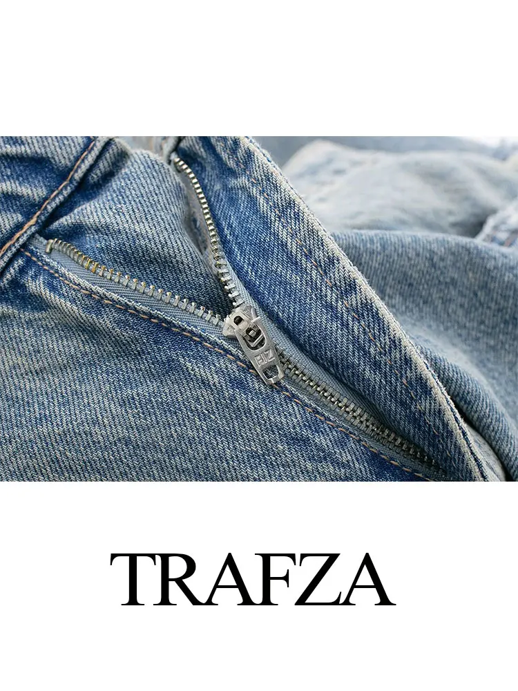 TRAFZA 2024 Damska moda uliczna Denim Niebieskie dżinsy Distressed Patchwork Wysoka talia Zamek błyskawiczny Fly Ripped Retro Długie spodnie