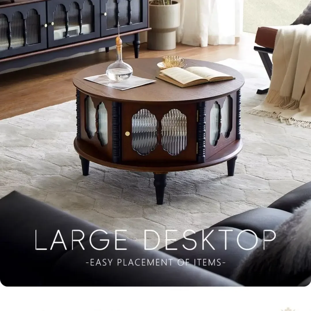 French retro solid wood coffee table living room household simple small apartment TV cabinet combination round Changhong glass