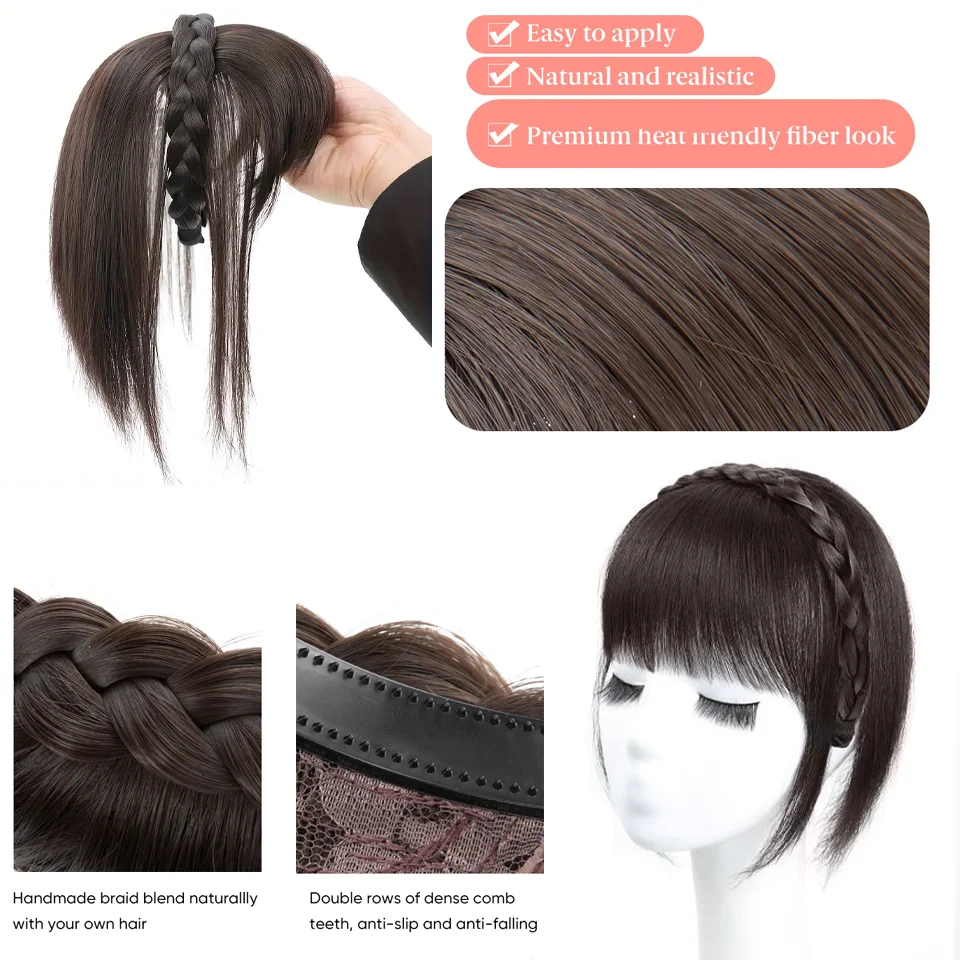 LUPU Chic Braided Headband with Clip-In Hair Topper & Bangs - Natural Look Synthetic Straight Hair Extensions for Women