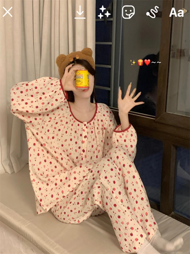 

Милое милое женское длинное брюки Stberry Spwear, повседневная домашняя одежда в стиле кантри, комплект из двух предметов, весна-осень