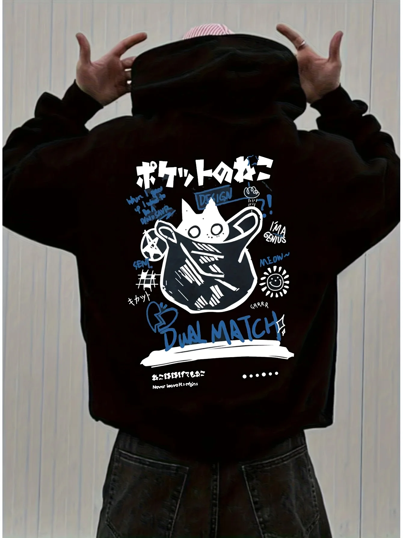Men's Japanese Anime Hoodie - Black and White Cartoon Characters and Japanese Print, Soft and Breathable Pullover, Unisex Street Style Suitable for All Seasons, Anime Fan Clothing Gift, Machine Washable (Size)