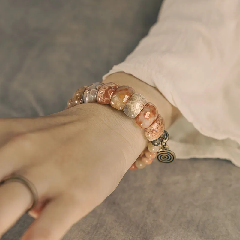 Natrual Beads Coral Stone Bracelet Metal Brass  Style Two Row Oriental Jewelry Richness Decoration Couple Lover Wrist Band