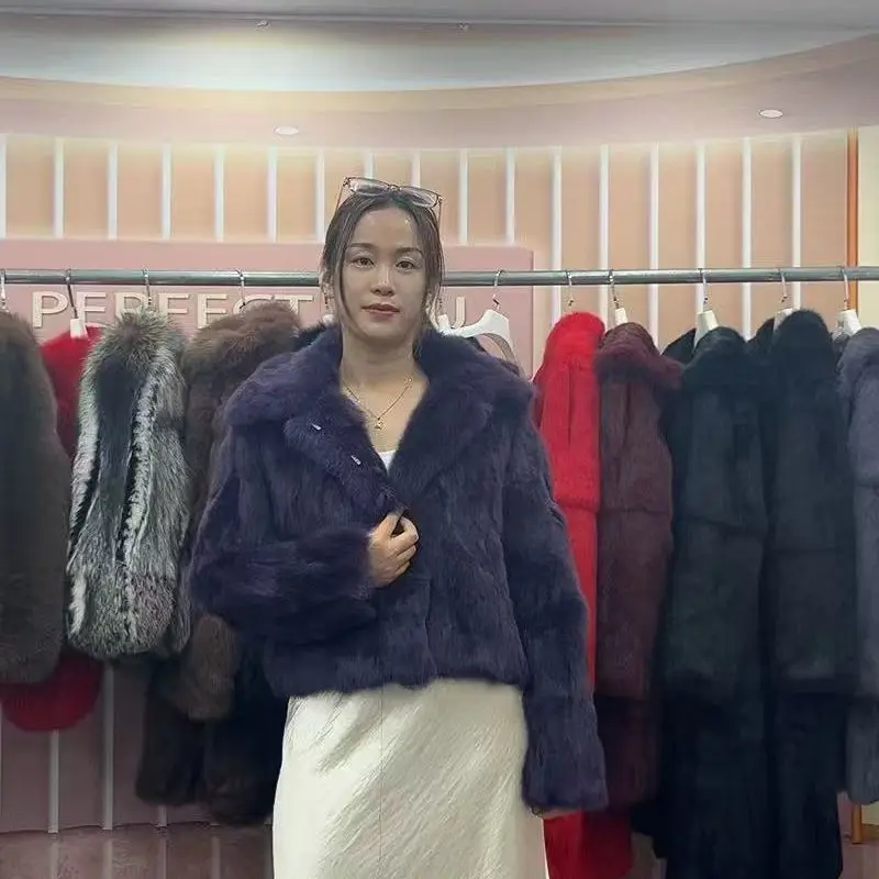 新スタイル レディース 冬用 暖かい ソフト 高品質 本物のレックスラビットコート レックスラビットファー ショートジャケット 大きな本物のフォックスファー襟付きオーバーコート Wh108