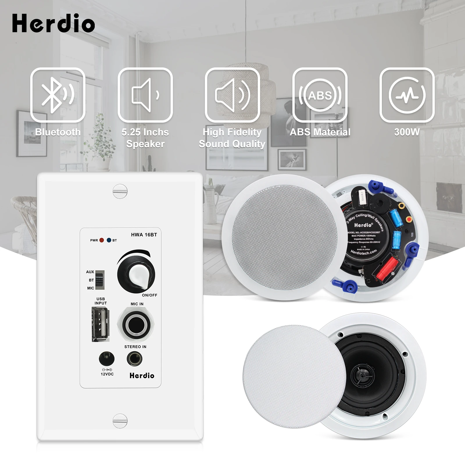 Herdio 5.25 Inch 300W Receiver System In Ceiling Wall Passive Speakers+Home Audio Package Wall Mount Control Bluetooth Amplifier