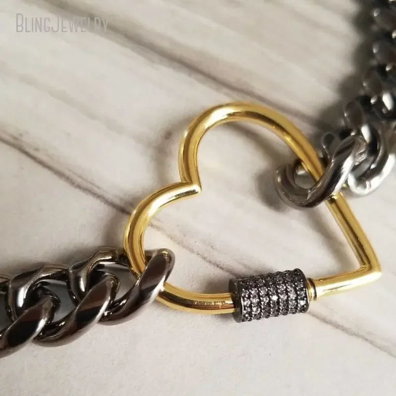 10pcs Black Curb Chain Choker Screw Clasp Carabiner Lock Heart  Couple Lover Talisman Necklace Women Stainless Steel Jewelry