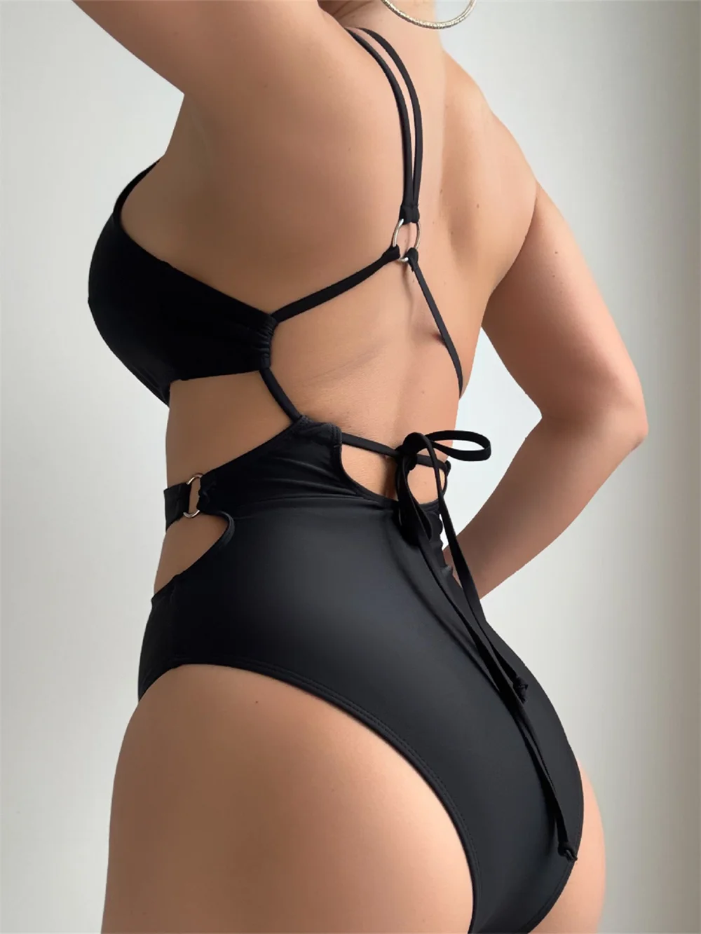 Sexy Irregular Cutout Black Bikini Rings Hollow Out Micro String Backless Swimsuit Women One-piece Swimwear Beach Outfit Biquini