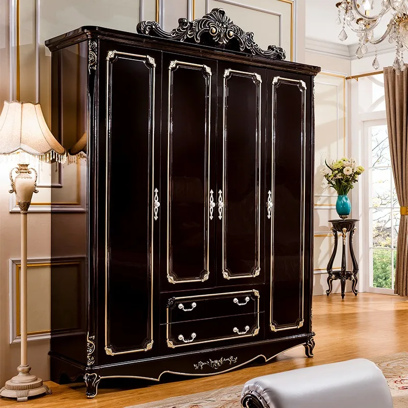 American wardrobe modern simple bedroom four doors ebony light luxury overall solid wood wardrobe European furniture