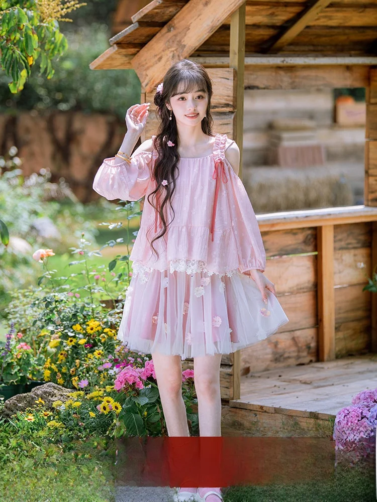 

Новый китайский комплект: розовый топ с кружевными вставками и длинными рукавами, юбка в национальном стиле, хлопковый летний модный костюм