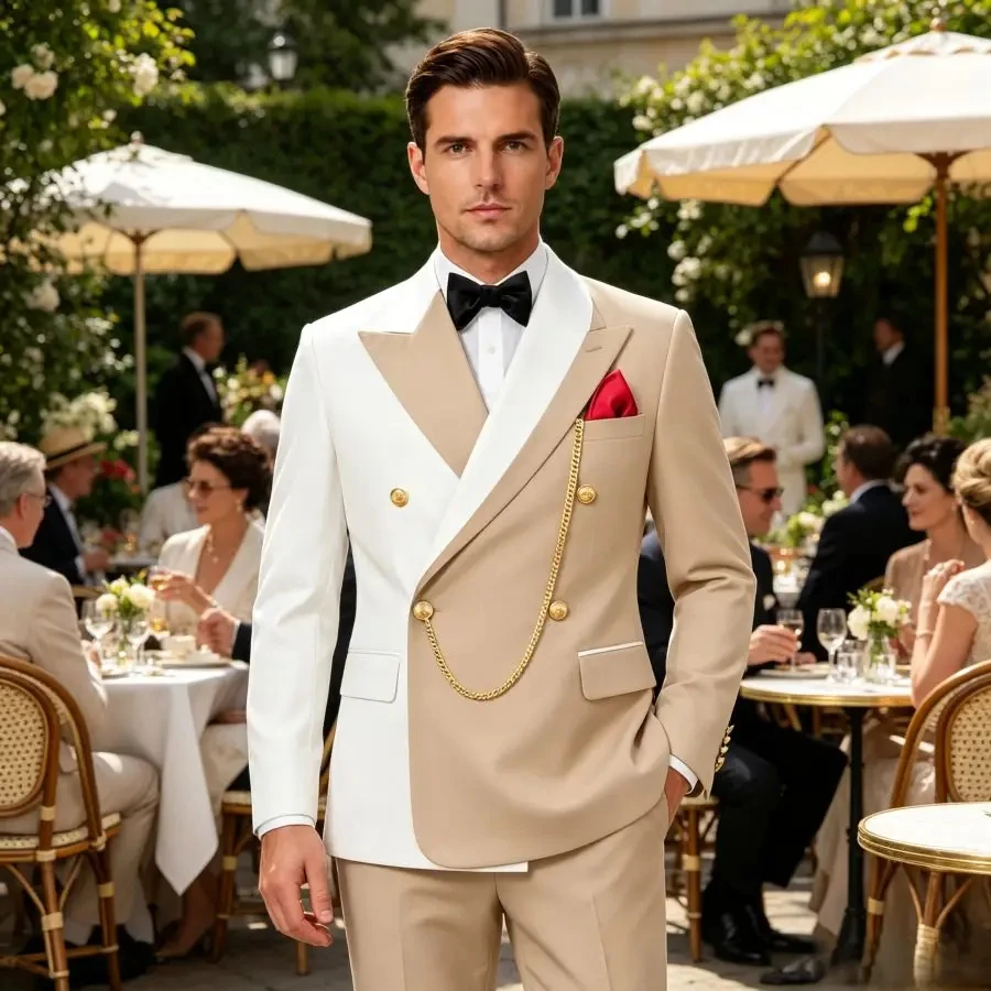 

Double Breasted Wedding Suits for Men with Asymmetrical Neck Slim Fit Groom Tuxedo 2 Pieces Male Fashion Jacket with Pants