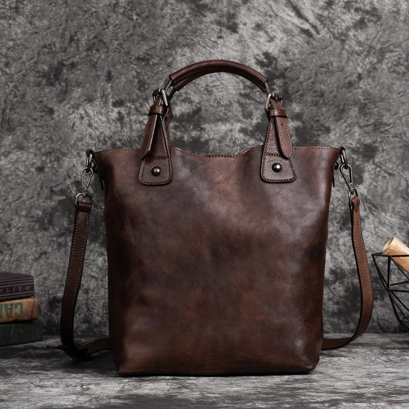 Retro genuine leather large-capacity women's crossbody bag, hand-painted high-end hand-held single-shoulder bag