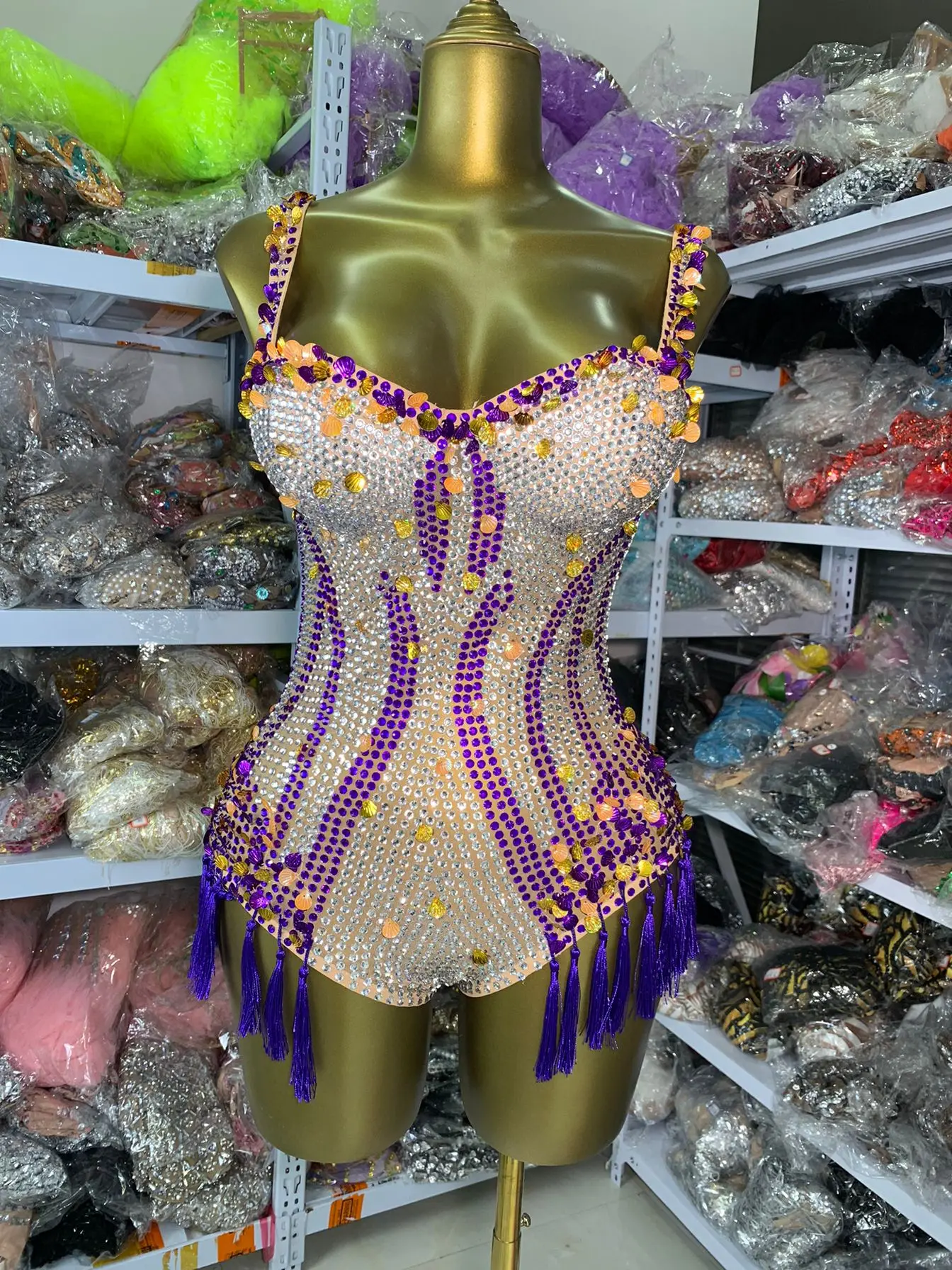 

Sparkly Rhinestone Sequin Bodysuits Sexy Sleeveless Tassel Bar Show Pole Dance Performance Costumes Music Festival Dress