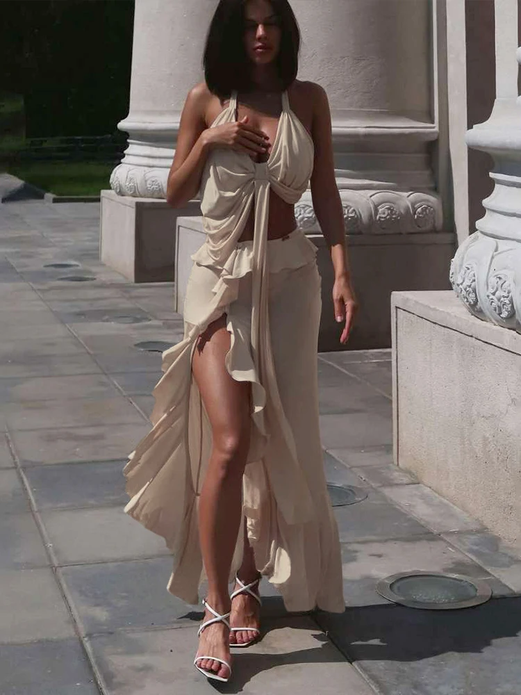 

Sisterlinda Spring Release Junior Fashion Sexy High Street Skirt Suit S74692 Girl Solid Halter Slim Cleavage Backless Skirt Suit