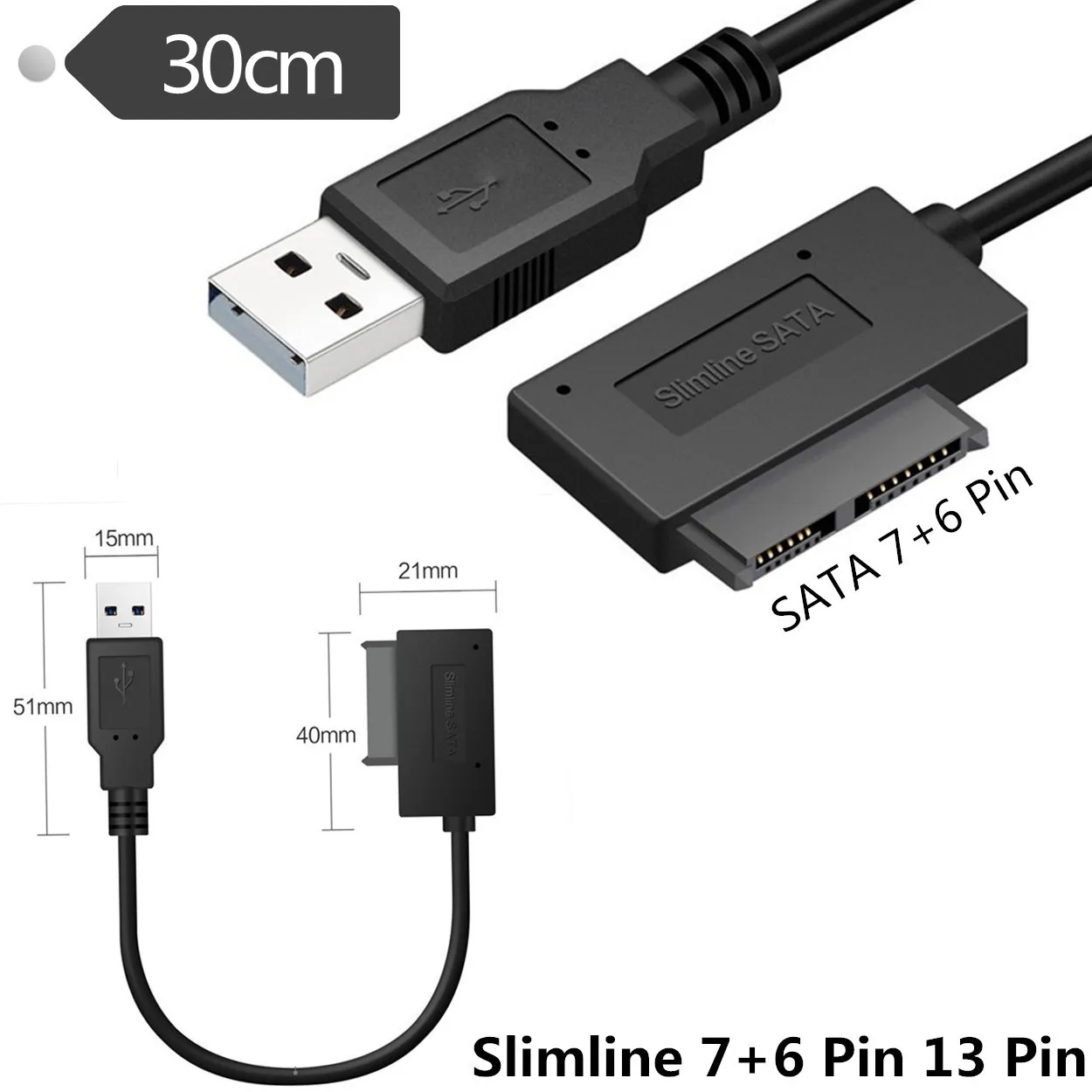 6+7P Easy Drive Line SATA To USB 3.0 Adapter Cable Black Notebook Optical Drive Line For Laptop DVD/ ROM Slimline Drive