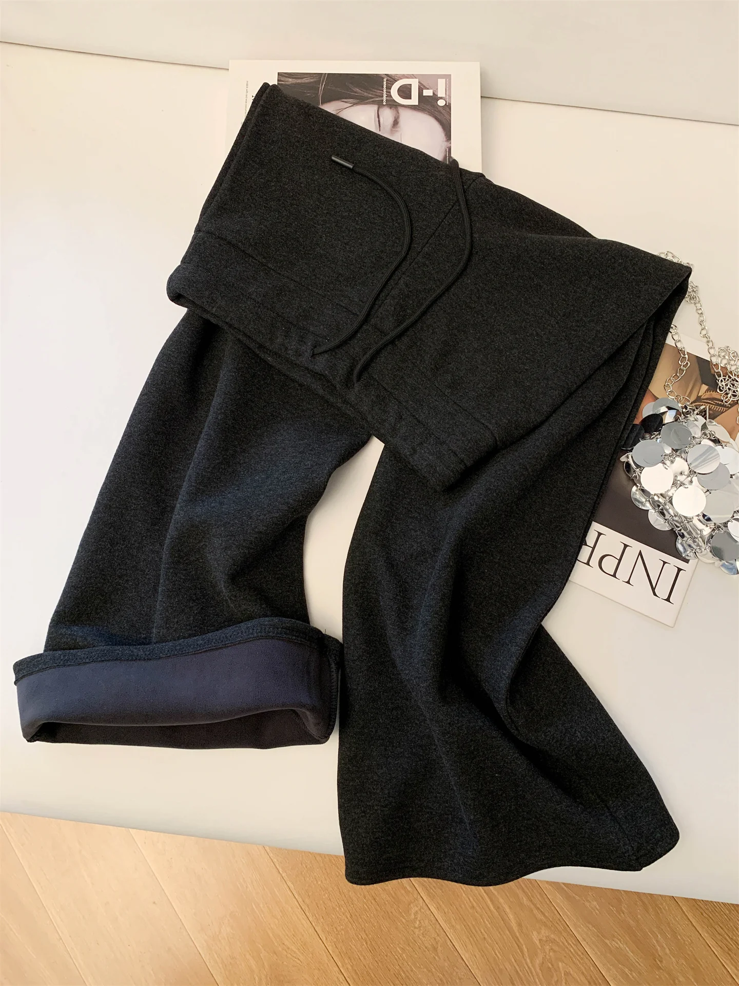 High Waist Dstring Wide Leg Casual Fce Women's Pants Outerwear Winter Drapey Comfortable Loose Fit Trousers