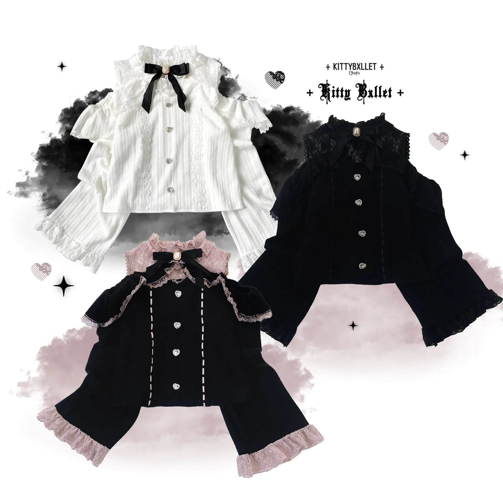 Original Japanese Autumn Winter Women Basic Shirt Diamonds Love Button Sexy Perspective Lace Off Shoulder Long Sleeve Lolita Top