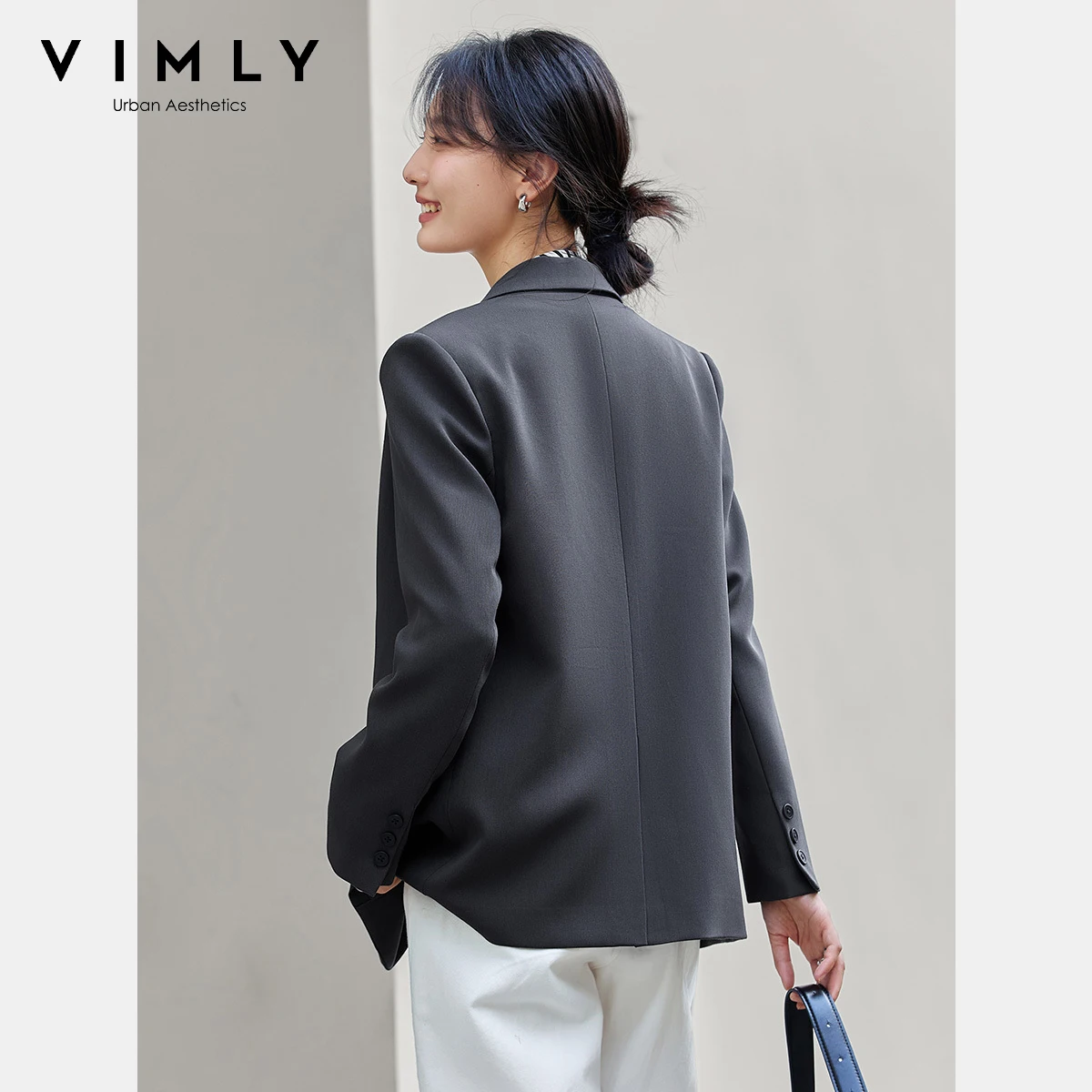 VIMLY Gray Women's Letter Embroider Jacket Coats Autumn 2025 Oversized Turn-down Blazer Woman Office Wear Blazer Femmes A2516