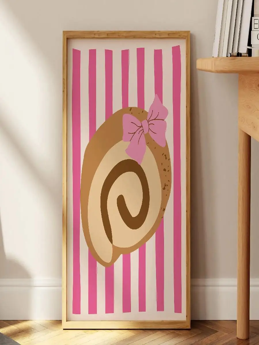 Niedlicher rosa Schleifenkunstdruck, Retro-Zimtschnecken-Poster, Leinwandgemälde, Mädchenzimmer, Wohnungseinrichtung, perfekte Geschenke