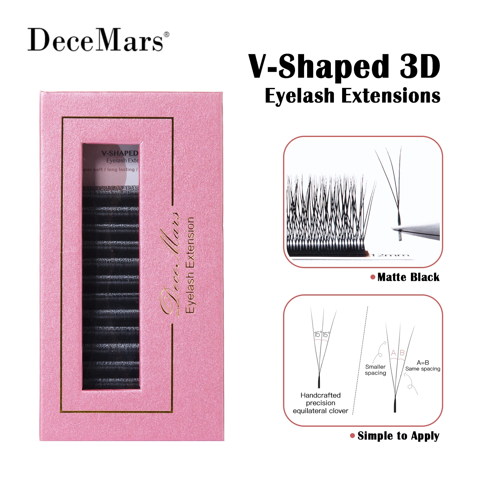 DeceMars V-förmige 3D-Wimpernverlängerungen Mattschwarz 12 Reihen/Tray