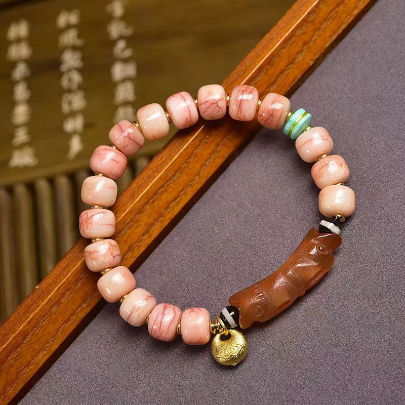 Powder Bone Collectables-Autograph Bracelet Single Circle Tibetan Style Prayer Beads Agate Turquoise Backflow