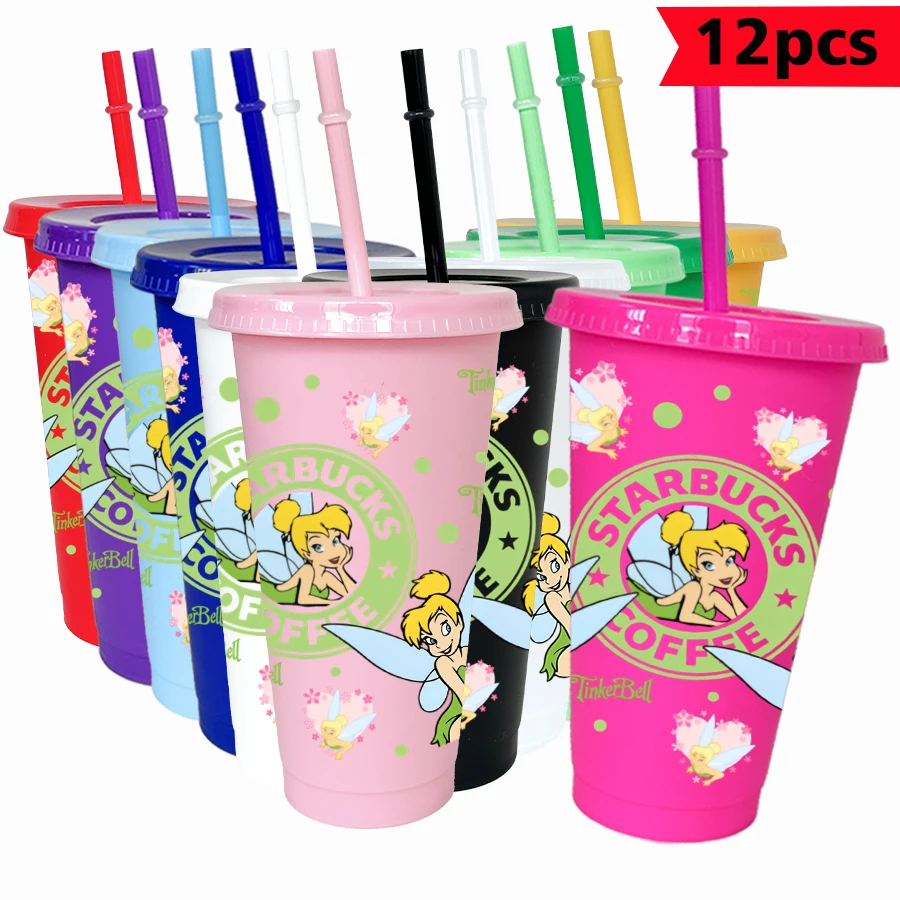 

12pcs/pack Disney,Fairy,Flowers 26oz Colored Plastic Tumbler Birthday Party Drinking Utensils Juice Coffee Mug