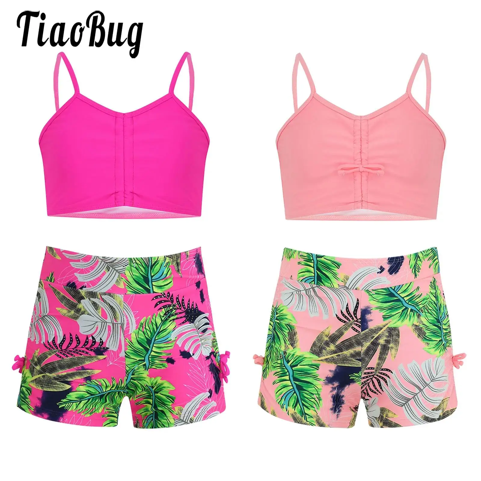 

Kids Girls Tankini Outfit Swimsuit Swimming Suit Crop Top and Drawstring Swim Shorts Set Print Swimwear Beach Bathing Suit 7-12Y