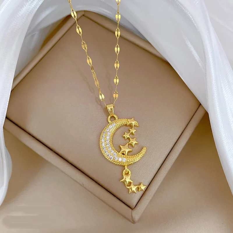 Classic Personality Micro-inlaid Moon Tassel Star Necklace Fashionable Charm Girls All-match Stainless Steel Clavicle Chain