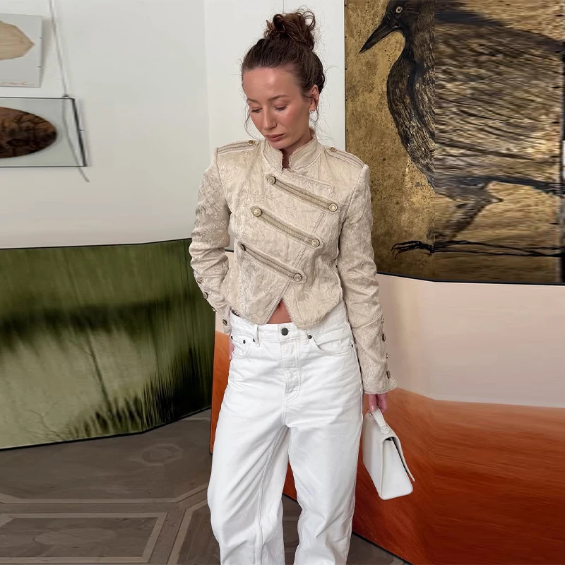 Women Vintage Military Draped Jackets Beige Embossed Floral Cropped Cardigan With Braided Trim Statement Outerwear Festival 2026