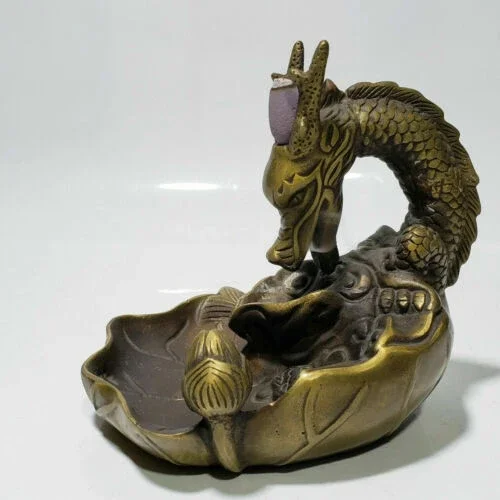 China old Antique brass Hand carved lucky Dragon statue incense burner