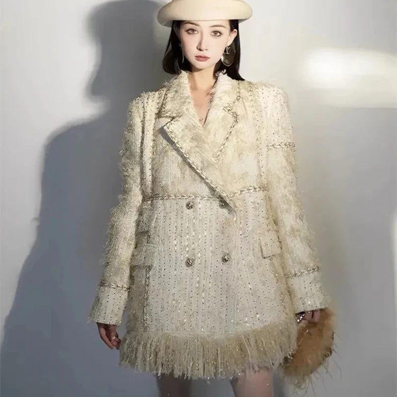 

Spring High Elegant Pearls Tassels Buttons Crop Jacket Women Korean Fashion Tweed Coat Womans Pockets Chic Short Coats Female