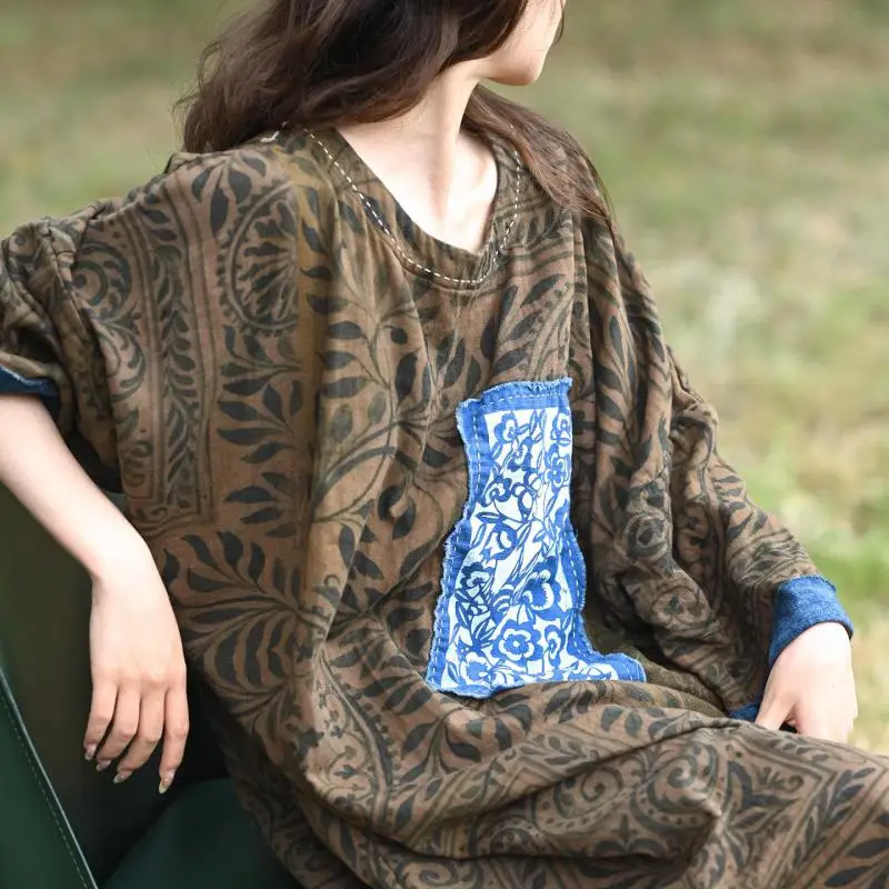 2026 New Spring Autumn Arts Style Women O-neck Batwing Sleeve Long Dresses Patch Designs Vintage Print Cotton Linen Loose Dress