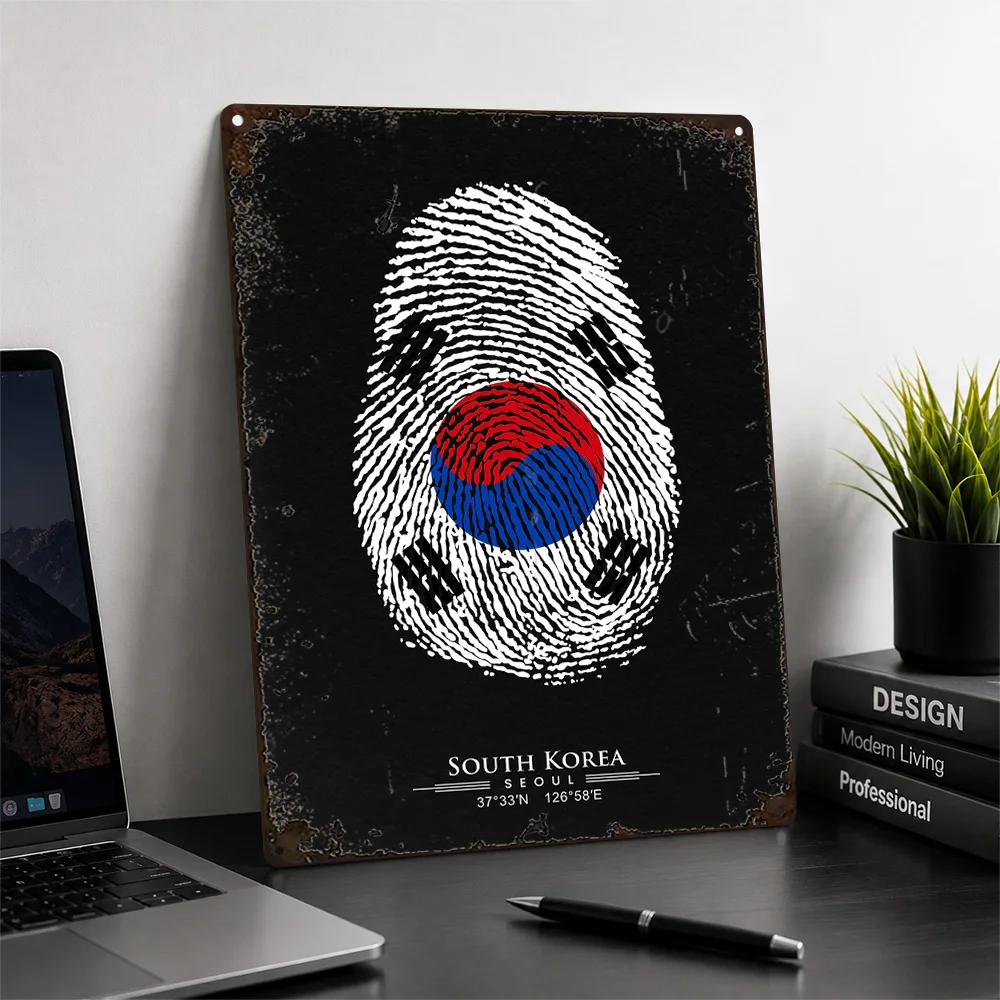 South Korea Flag Fingerprint Aluminum Poster Bold Graphic Wall Art For Home Office Personalized Metal Sign Geography Fan Gift