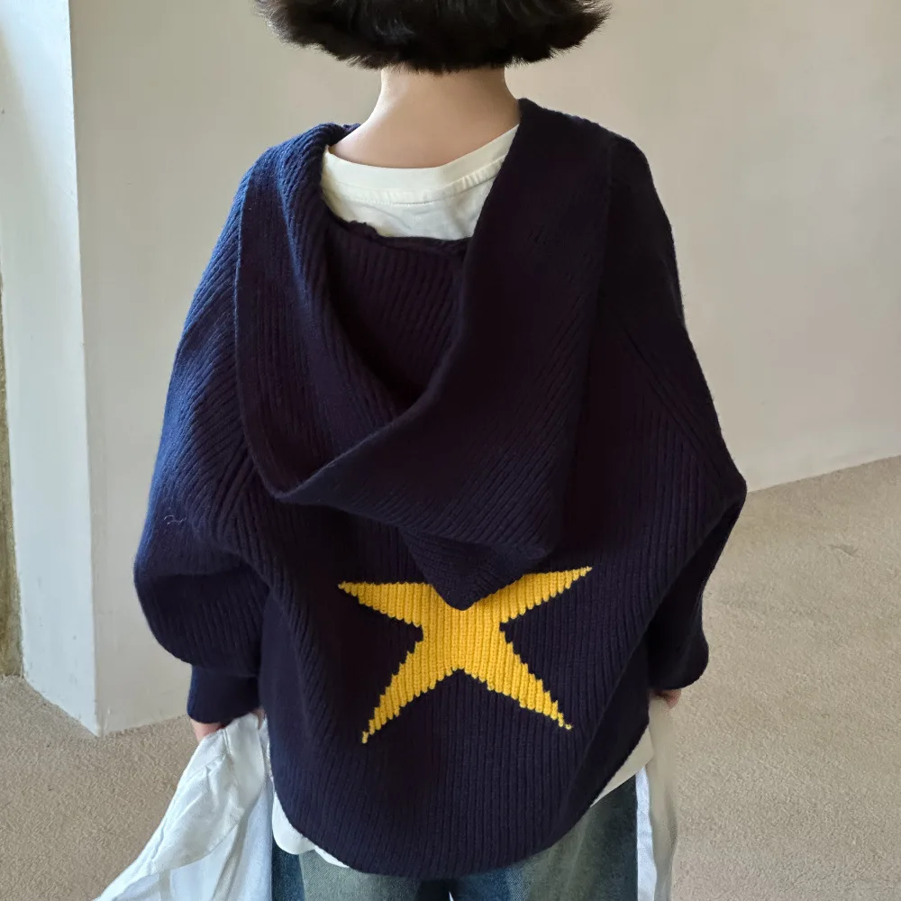 Children Sweater 2024 Autumn Girls Korean Letter Five-pointed Star Wool Coat Children Baby Fashion Hooded Loose Knit Top