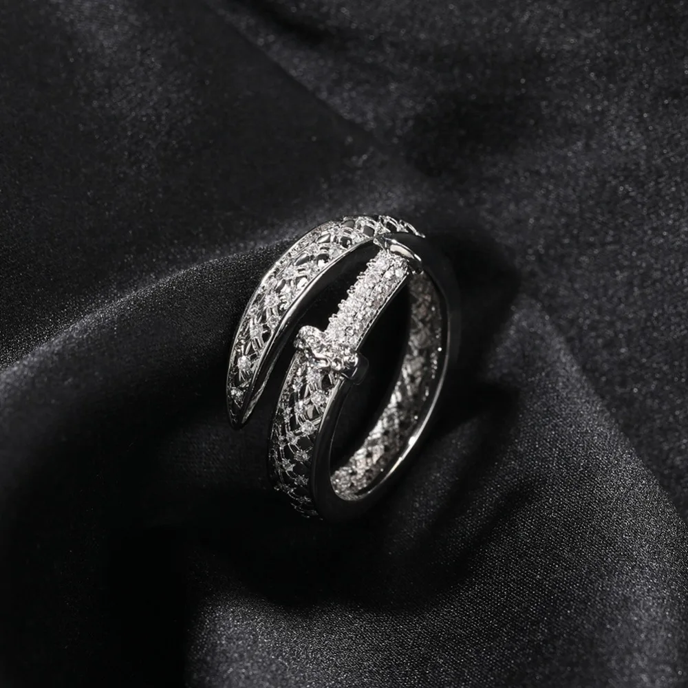 Kolmnsta Luxury Sword Ring For Women Cubic Zircon Hollow Filigree Open Rings Minimalist Fashion Jewelry Wedding Party Gift Bague