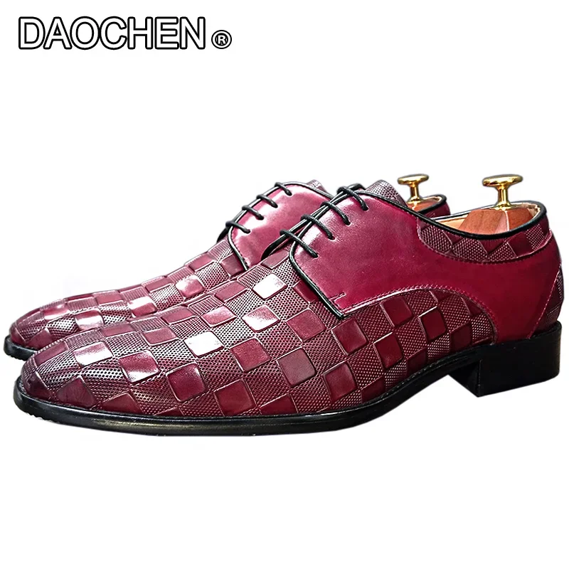 LUXURY MEN LEATHER SHOES RED BLACK LACE UP POINTED DERBY OXFORD PLAID PRINT CASUAL MEN DRESS WEDDING OFFICE SHOE FOR MAN