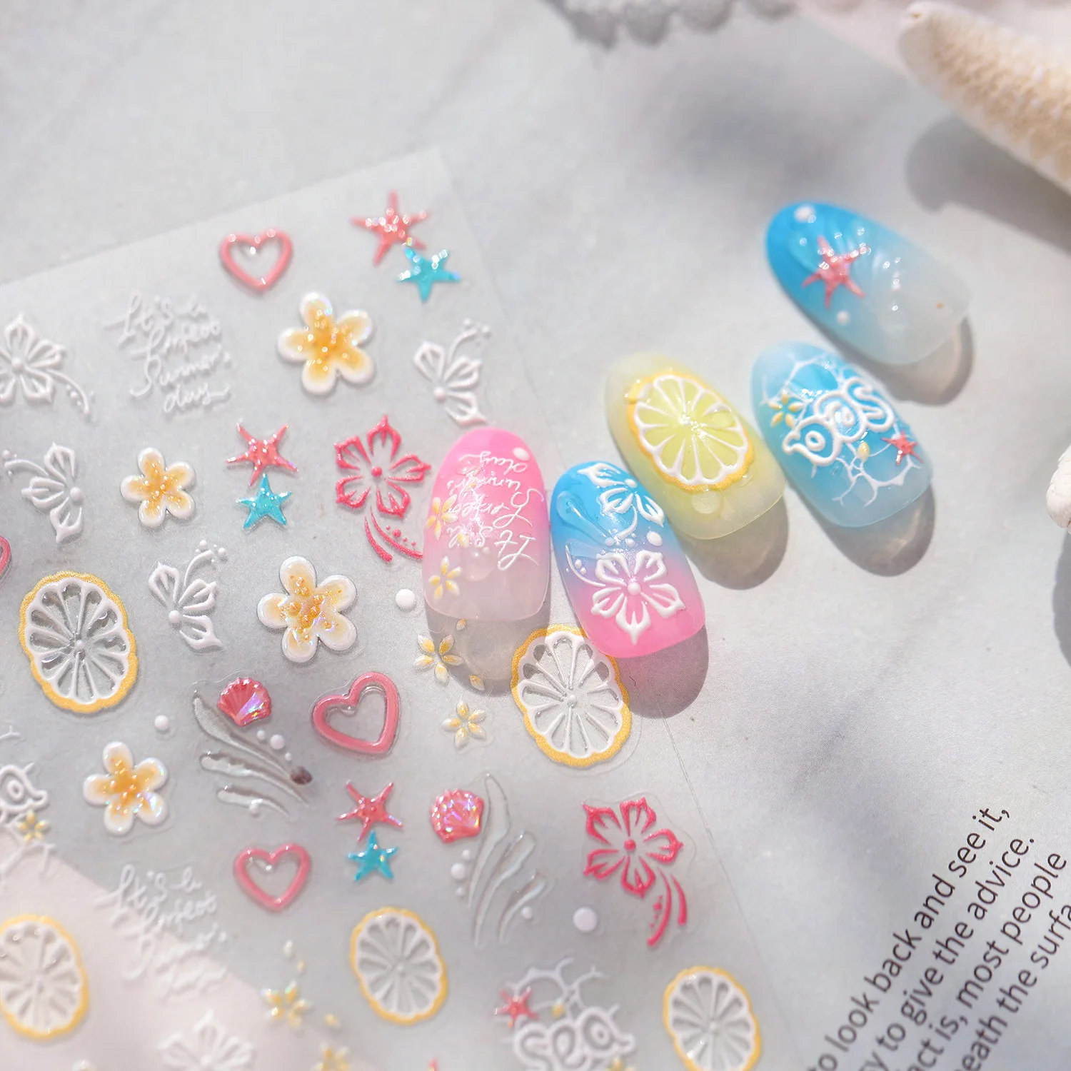 Summer Frangipani Lemon Slices Starfish Shell Love Heart 3D Self Adhesive Nail Art Stickers Vacation Style Sweet Manicure Decals