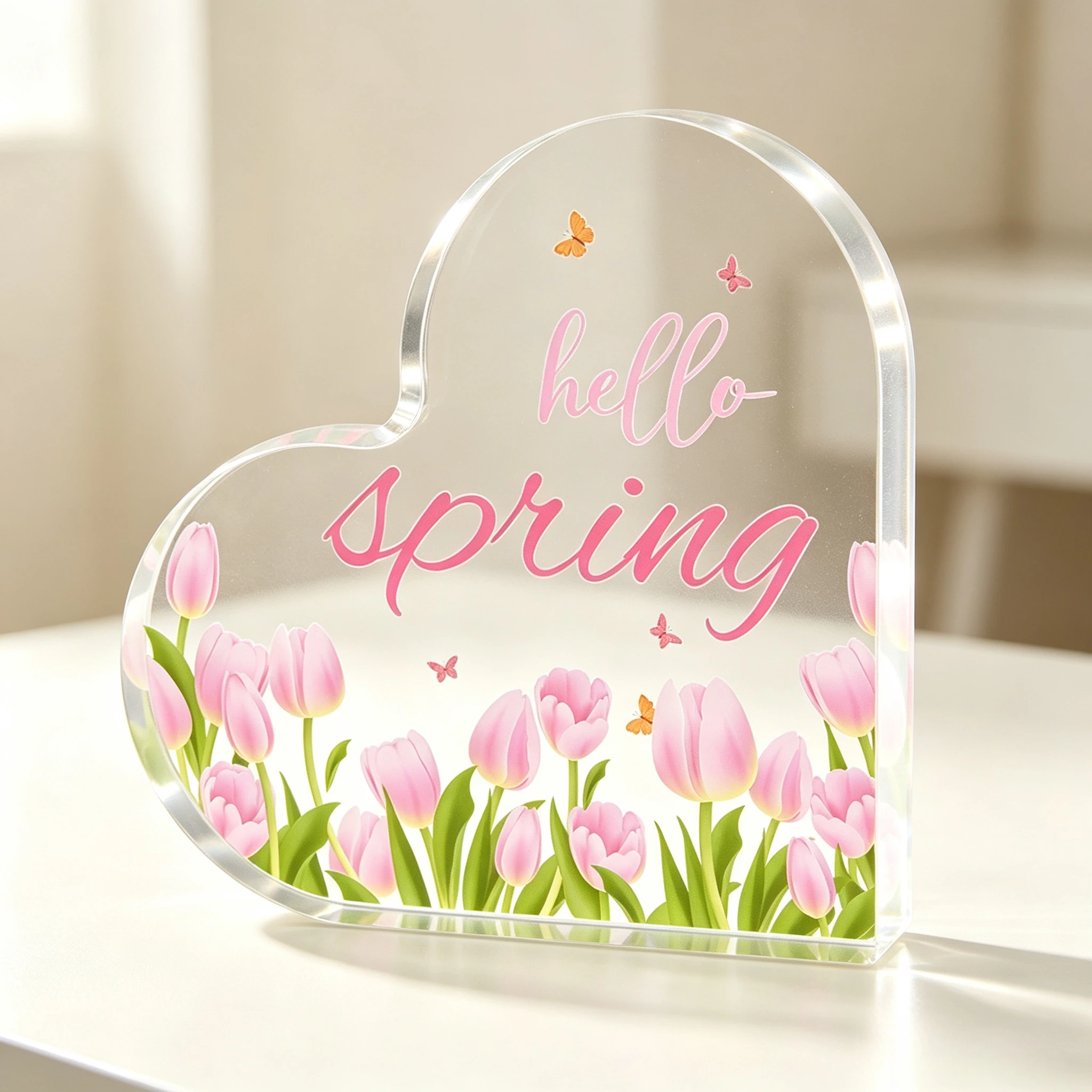 Hello Spring Heart‑Shaped Acrylic Tabletop Plaque, Soft Pink Tulip Butterfly Seasonal Desk Keepsake Decor Gift