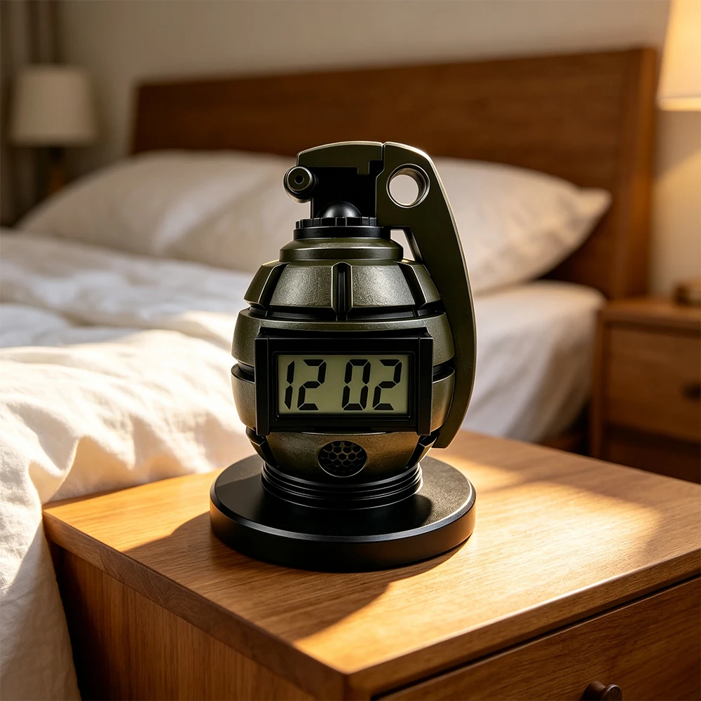 Military Style Hand Grenade Digital Alarm Clock, Loud Voice Alarm LED Flash Vibration,Pull Pin Shutoff Creative Table Clock Home