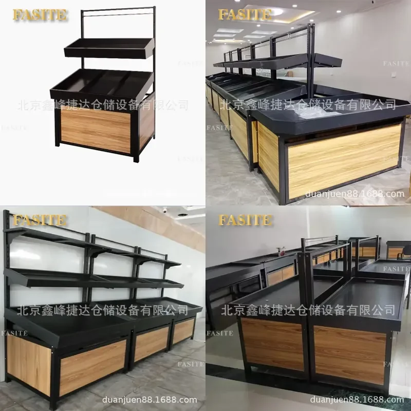 For Shopping Malls Supermarkets Fresh Fruit Vegetable Shelves Matte Black Popping Silver Steel Wood Containers Durable