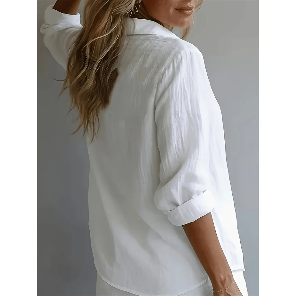 Damen Baumwoll-Leinen-Hemd, Oversize, leicht, atmungsaktiv, einreihig, lässig, mit Umlegekragen, langen Ärmeln, klassische Bluse – Detail 4