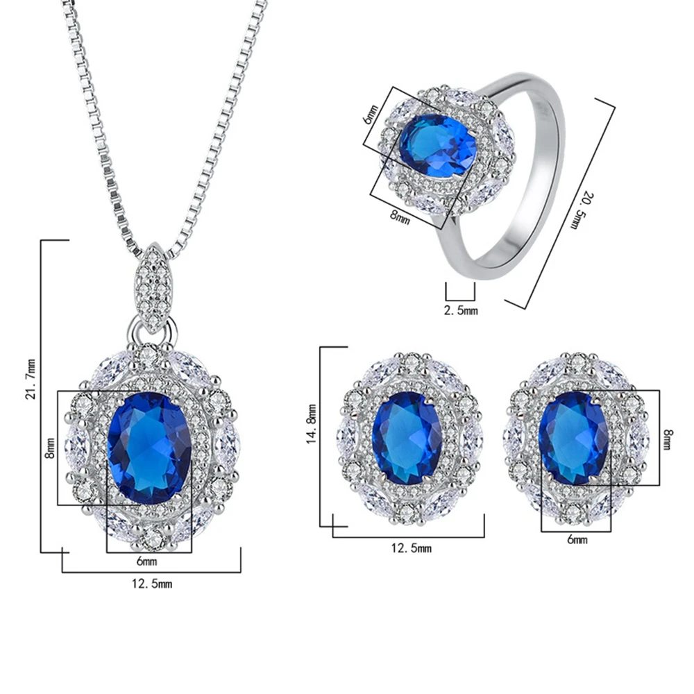 WUIHA 925 Sterling Silver 6*8MM Sapphire Courndum Ring/Earrings/Pendant/Necklace For Women Engagement Gift Jewelry Set Wholesale