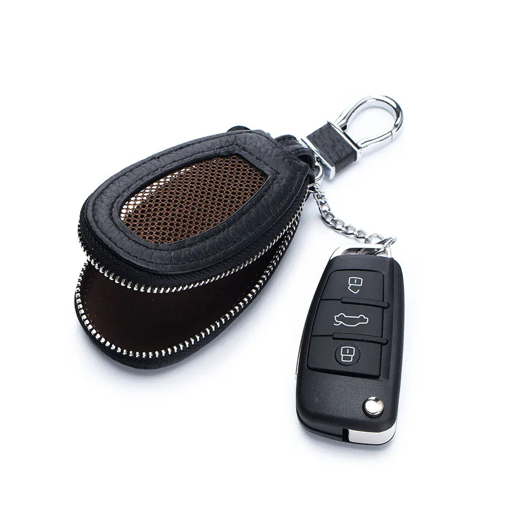 Genuine Leather Car Key Pouch Mens Sunroof Button Universal Key Holder Womens Remote Control Keys Storage Zipper Bag