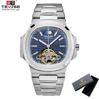 TEVISE T01C Men's New Fully Automatic Mechanical Watch Moon Phase Skeleton Stainless Steel Fashion Waterproof Tourbillon Watch