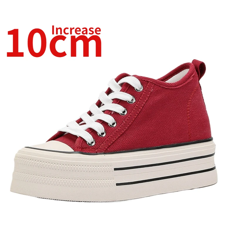 

Invisible Height Increased 10cm High Quality Canvas Shoes for Women Breathable Spring/summer Thick Bottom Red Casual Board Shoes