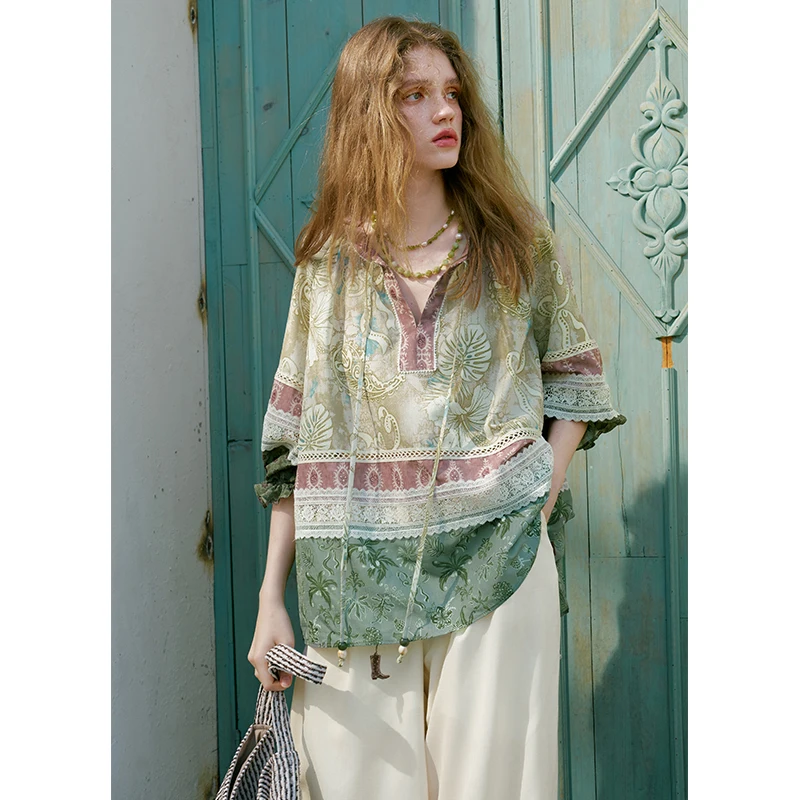 ELFSACK Women's Boho Patchwork Blouse with Paisley Floral Print, Loose V Neck Drawstring Flare Long Sleeve Shirt for Vacation