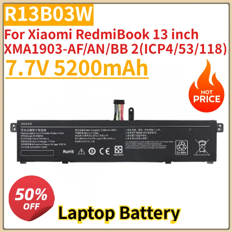 New R13B03W 7.7V 5200mAh Laptop Battery for Xiaomi RedmiBook 13 inch XMA1903-AF/AN/BB 2(ICP4/53/118)(ICP4/43/65)